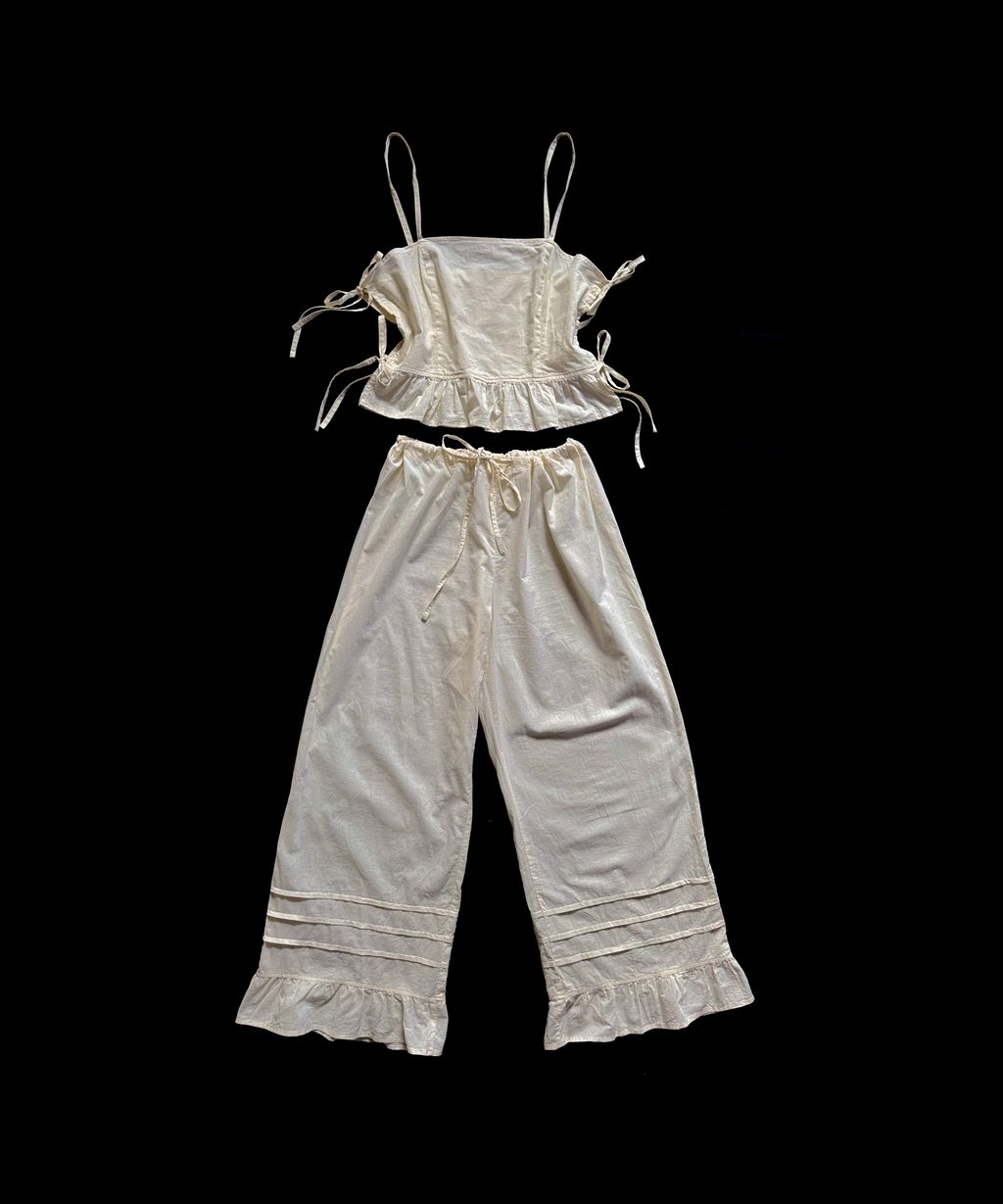 Ruffled Tie-Front Pajama Set – Cotton Pants & Top