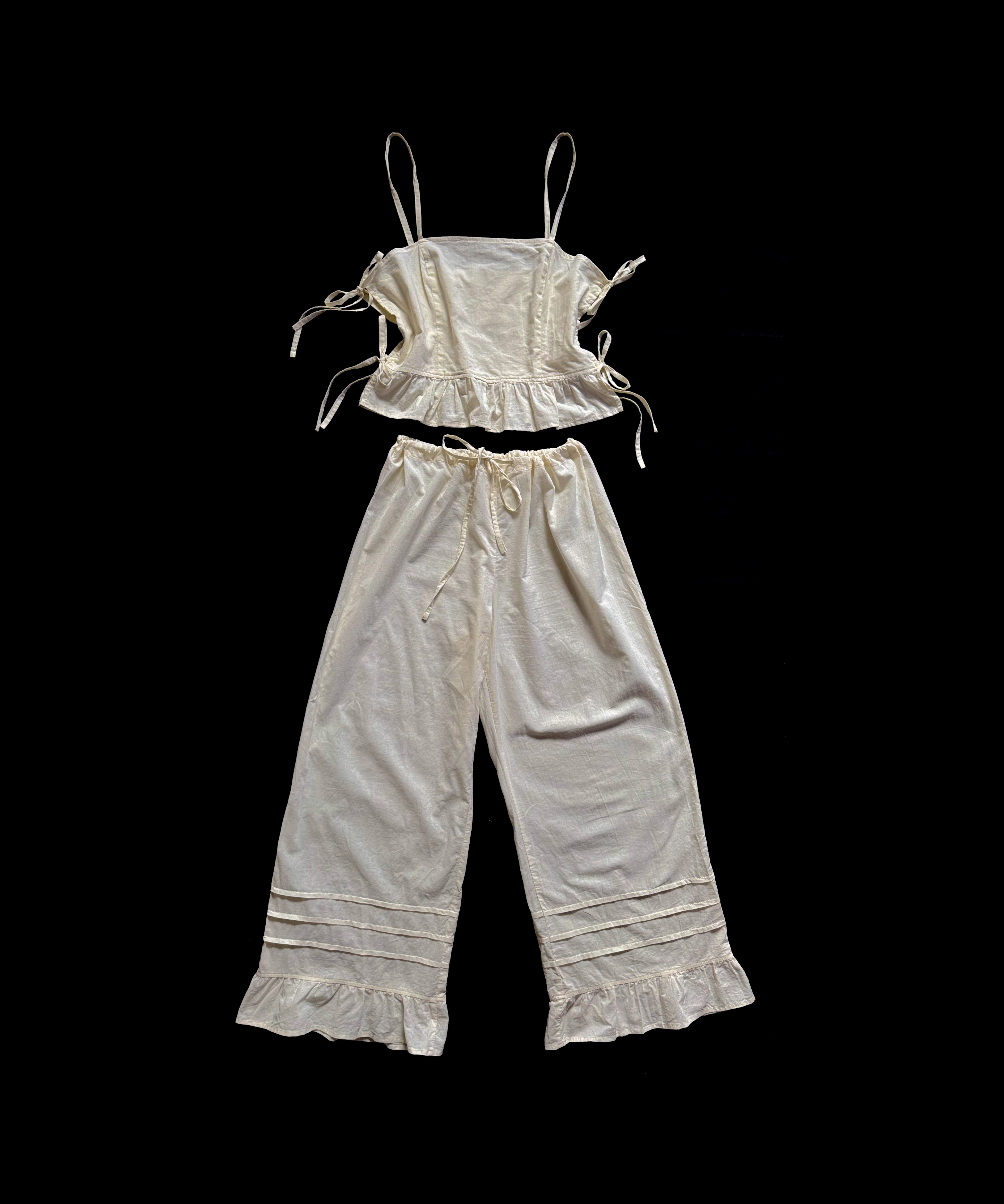 Ruffled Tie-Front Pajama Set – Cotton Pants & Top